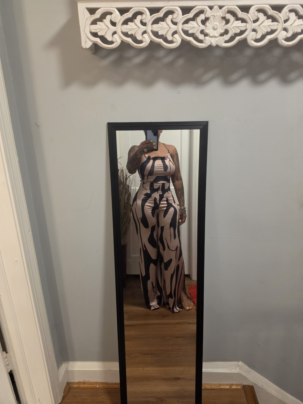 Sleeveless Beige and Black Abstract Jumpsuit